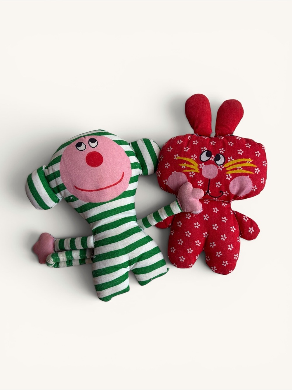 Handmade Plush Toy Duo - Green Striped Monkey & Red Floral Bunny